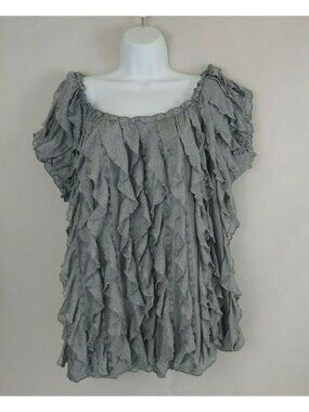 Once Again Woman Solid Gray/Silver Polyester Short Sleeve Ruffle Blouse Size 2X